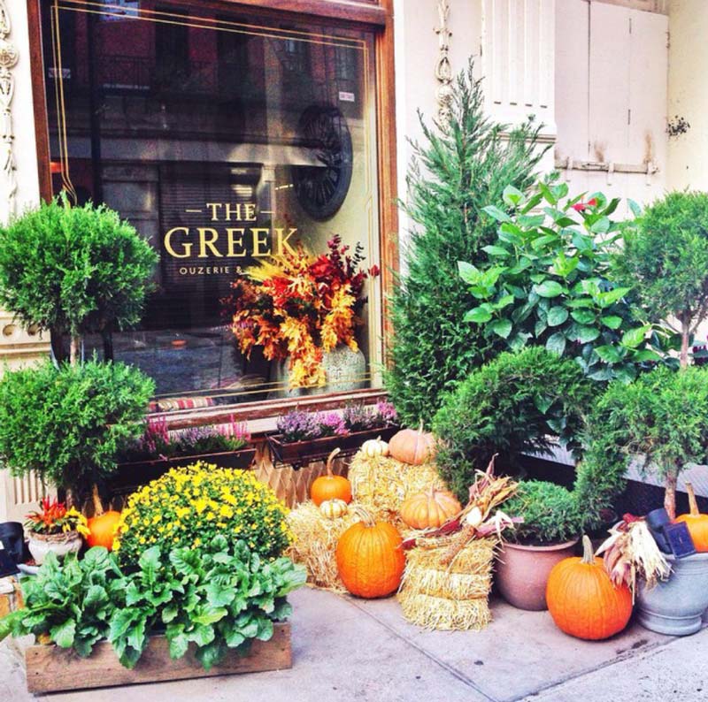 Image of the Greek restaurant exterior decorated for the Fall by Anastasios interiors